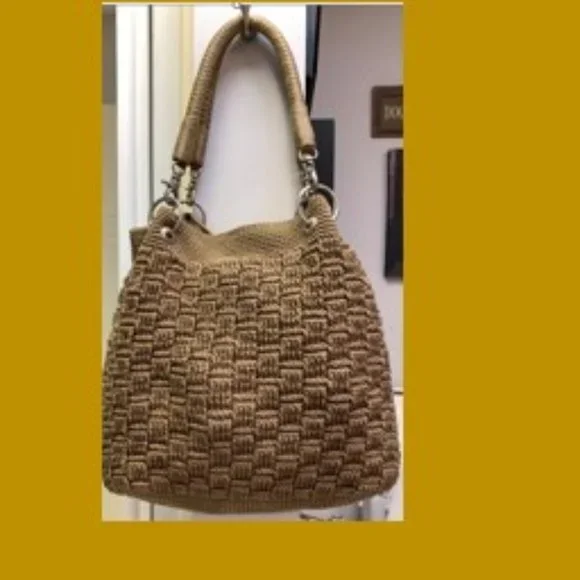 THE SAK Double Strap Tote Bag Classic Tan Brown Crochet 12 x 10 Purse VGUC - Picture 2 of 9
